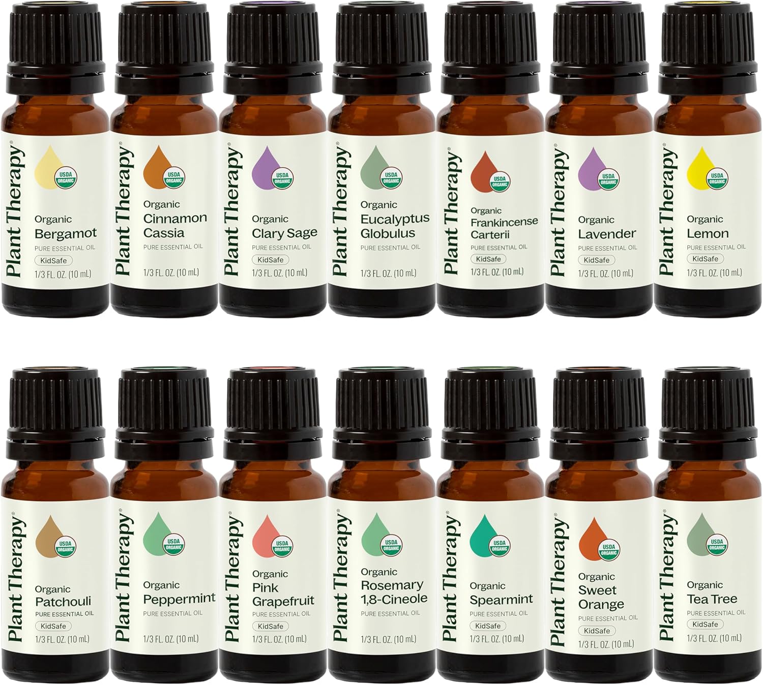 Plant Therapy Top 14 Organic Essential Oil Singles Set 100% Pure Essential Oils, Undiluted, Natural Aromatherapy for Diffusion and Body Care 10 mL (1/3 oz) Each