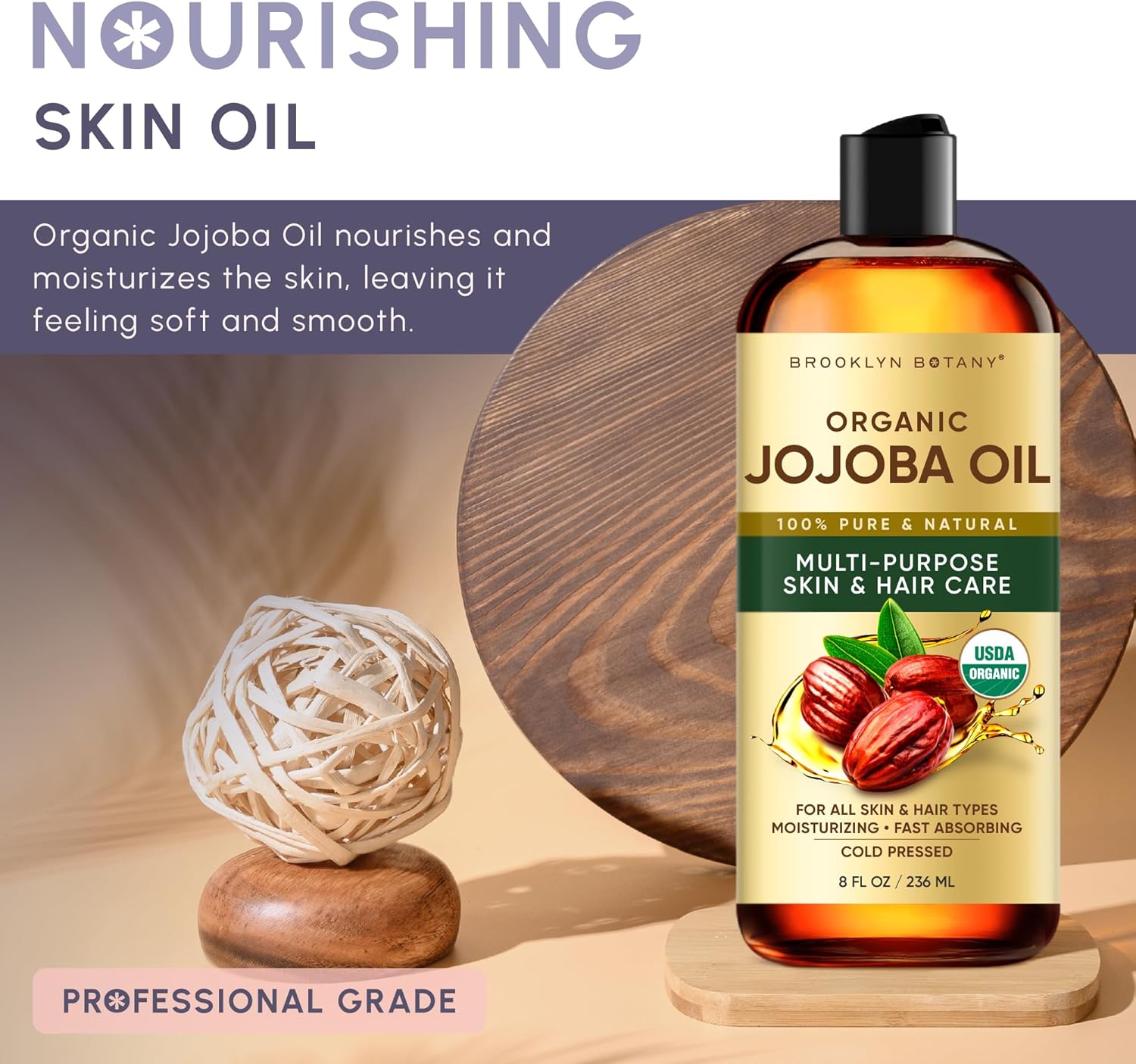 Brooklyn Botany Cold-Pressed Organic Jojoba Oil | for Skin, Hair and Face | 8 Fl Oz | 100% Pure and Natural | Carrier Oil for Essential Oils, Aromatherapy and Massage | Hexane Free
