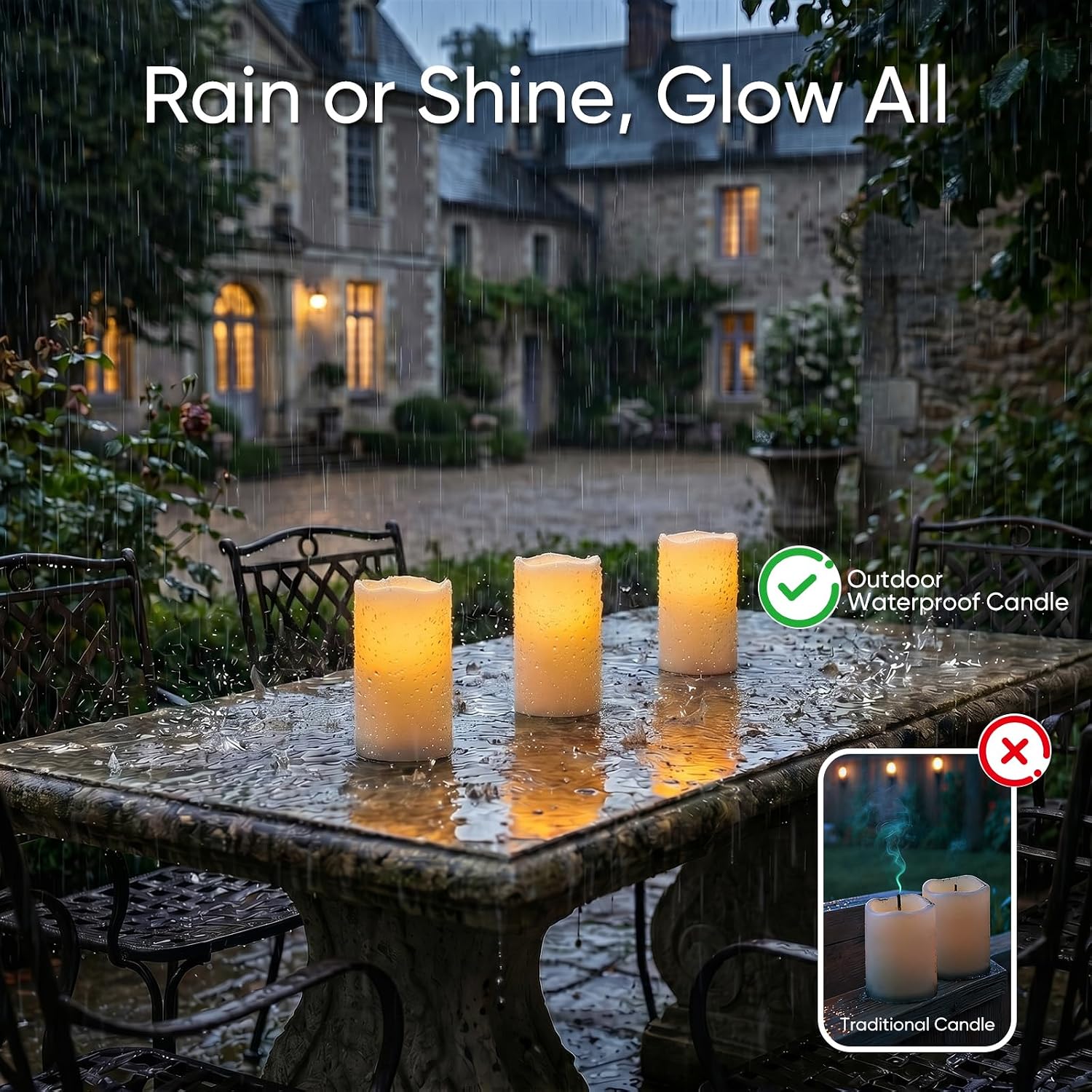 Raycare 3"x6" Outdoor Waterproof Flameless Candles-Auto Light Sensor Dusk to Dawn, 2Pcs Flickering LED Candle, Battery Operated Electric Fake Pillar Candle for Garden, Porch, Patio, Lantern Decor