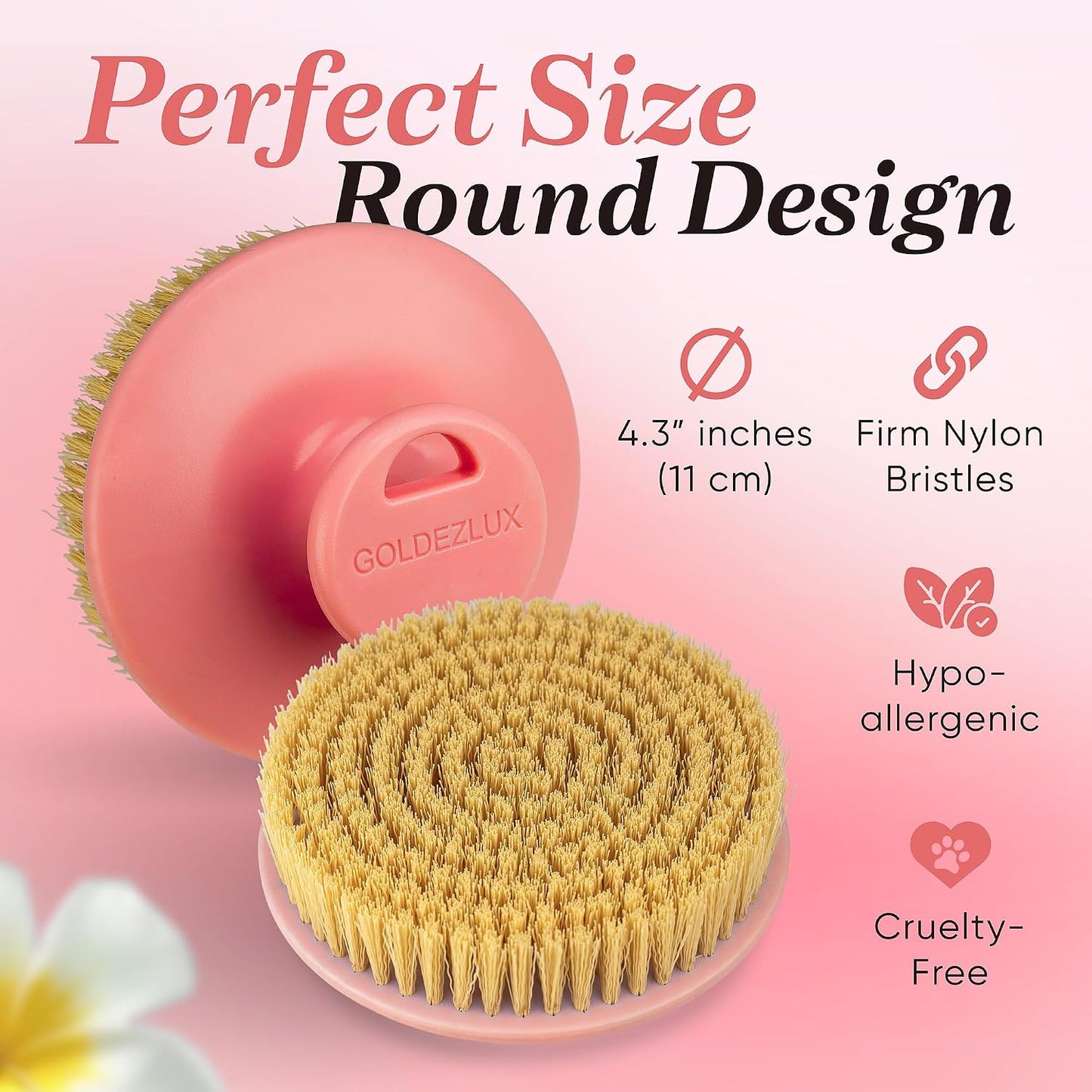 GOLDEZLUX® Dry Body Brush Cruelty-Free Firm Bristles Exfoliate Promote Smooth Skin, Dry Brushing Stimulate Blood Flow, Lymphatic Drainage, Prevent Ingrown Hair - Large Size & Comfortable Grip (Pink)