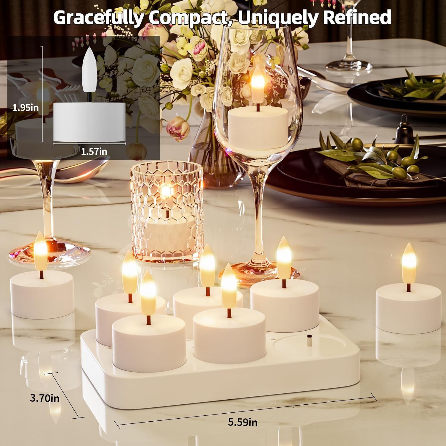 Rechargeable Flameless Tea Lights Candles with Charging Station 6Pcs Battery Tea Lights Candles with Remote & Timer LED Tealight Flickering Realistic for Home Christmas Wedding Decor - White
