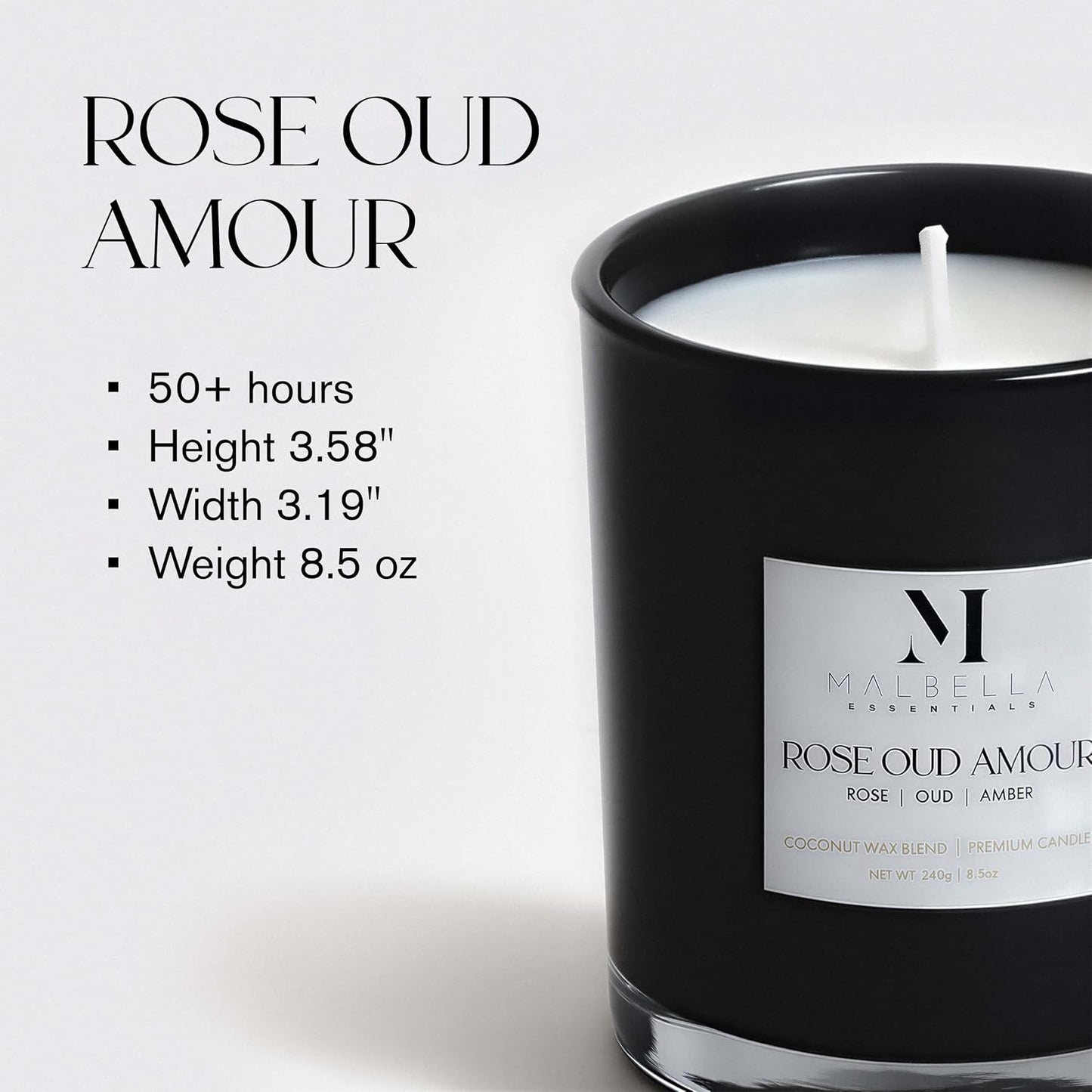 Rose Oud Amour Luxury Scented Candle for Women & Men | 8.5 oz Hand-Poured Coconut Wax Blend | Modern Self-Care Aromatherapy Candle | 50 Hr Burn | Gift-Ready Glossy Glass Vessel