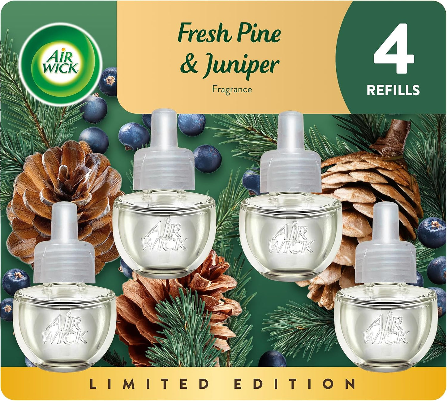 Air Wick Plug-In Scented Oil Refills, 4 Count, Fresh Pine and Juniper, Air Freshener, Essential Oils, Eco Friendly
