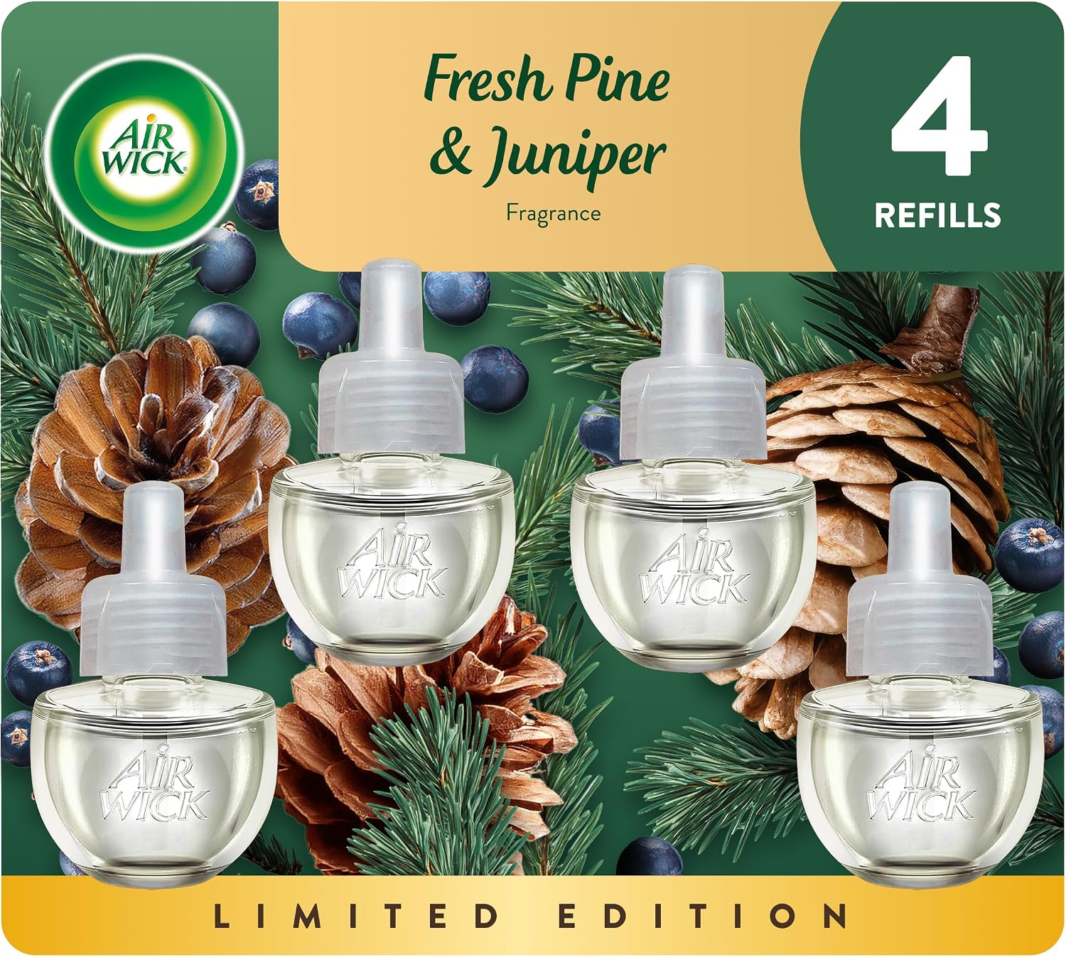 Air Wick Plug-In Scented Oil Refills, 4 Count, Fresh Pine and Juniper, Air Freshener, Essential Oils, Eco Friendly