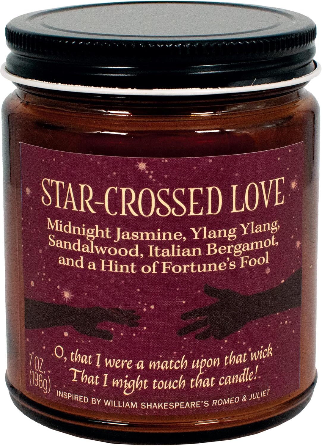 The Unemployed Philosophers Guild Star-Crossed Love Scented Candle - Hand-Poured in the USA, Soy Wax Blend, 30 Hour Burn Time, 7 oz Glass Jar, Romeo and Juliet Themed