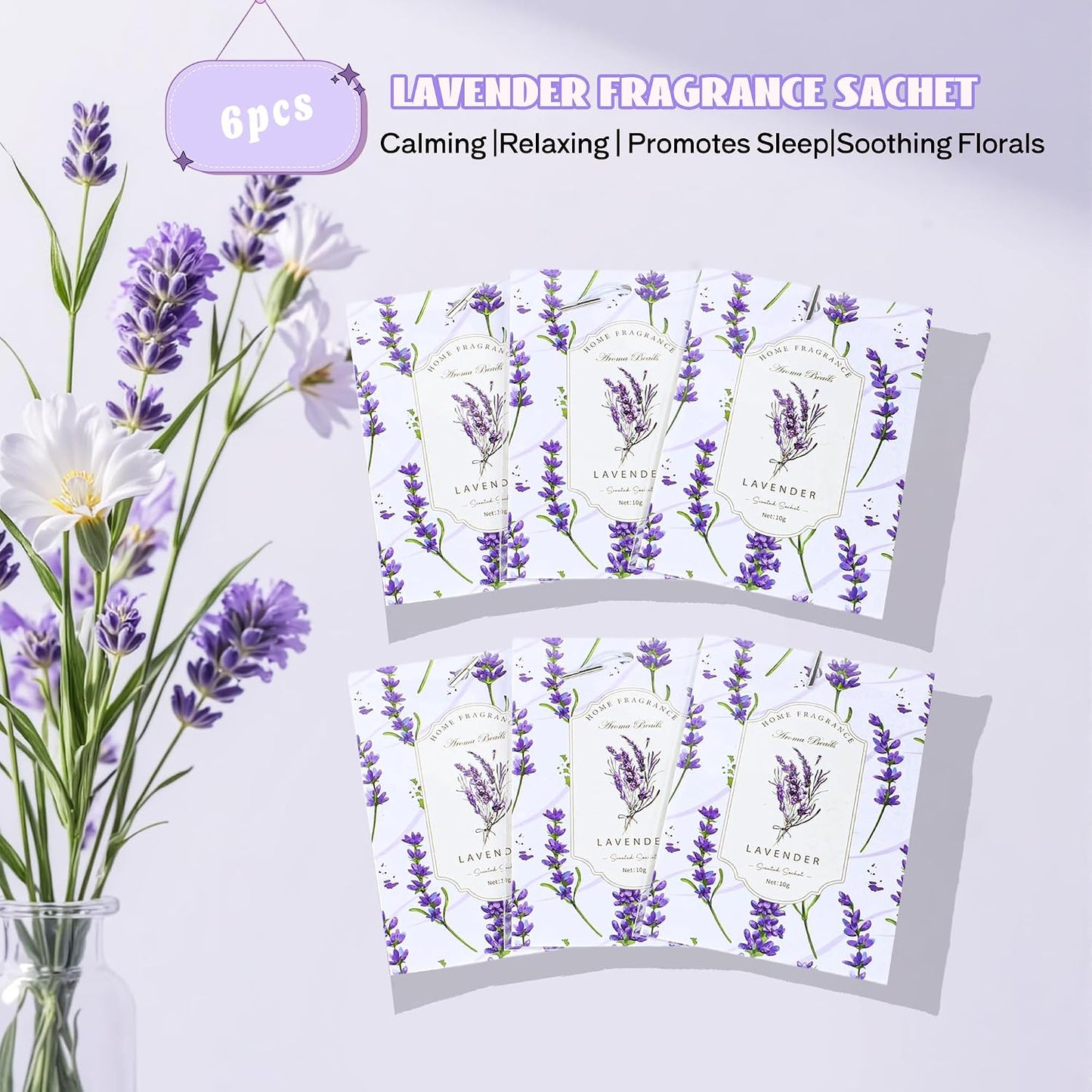 Lavender Sachets Bags for Drawers and Closets, Long-Lasting Air Fresheners for Dresser, Scented Sachets, Wardrobe Odor Eliminator - Closet Deodorizer Fragarance 6 Pack