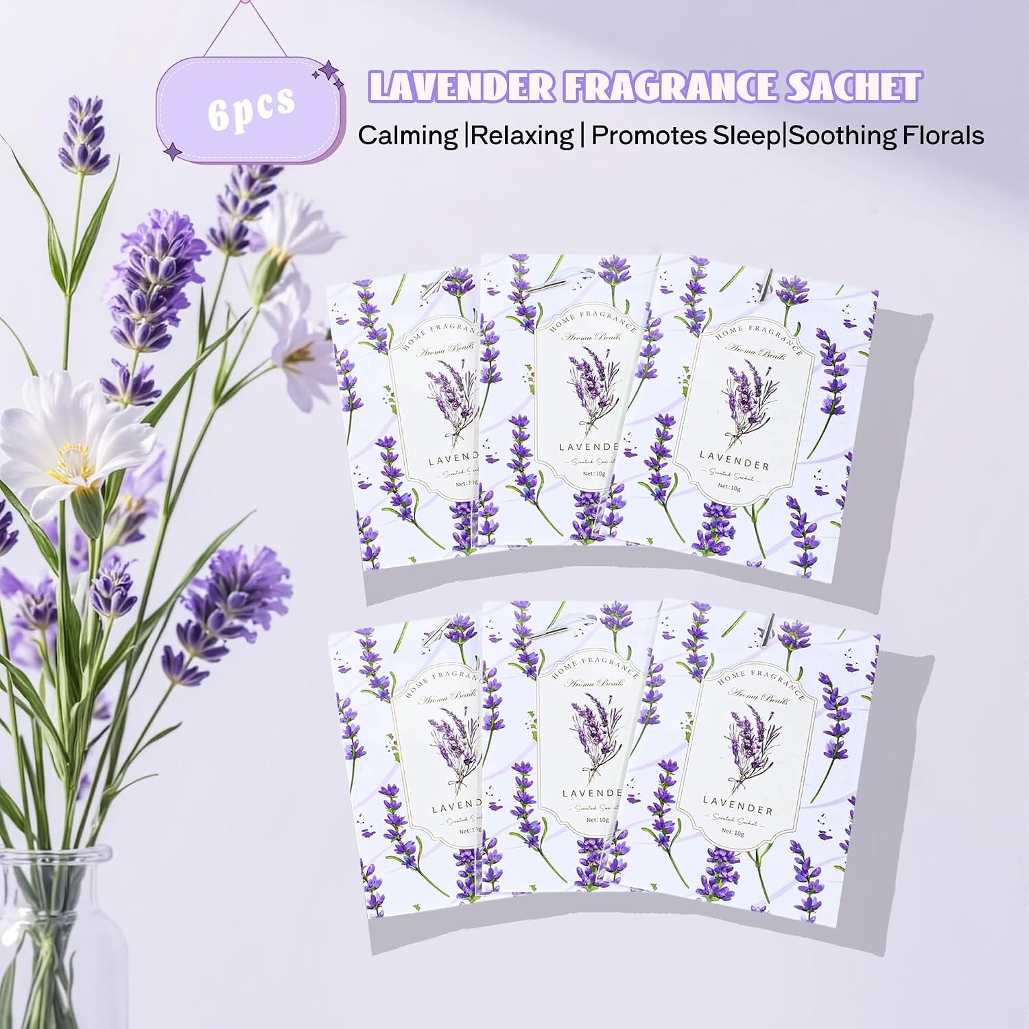 Lavender Sachets Bags for Drawers and Closets, Long-Lasting Air Fresheners for Dresser, Scented Sachets, Wardrobe Odor Eliminator - Closet Deodorizer Fragarance 6 Pack