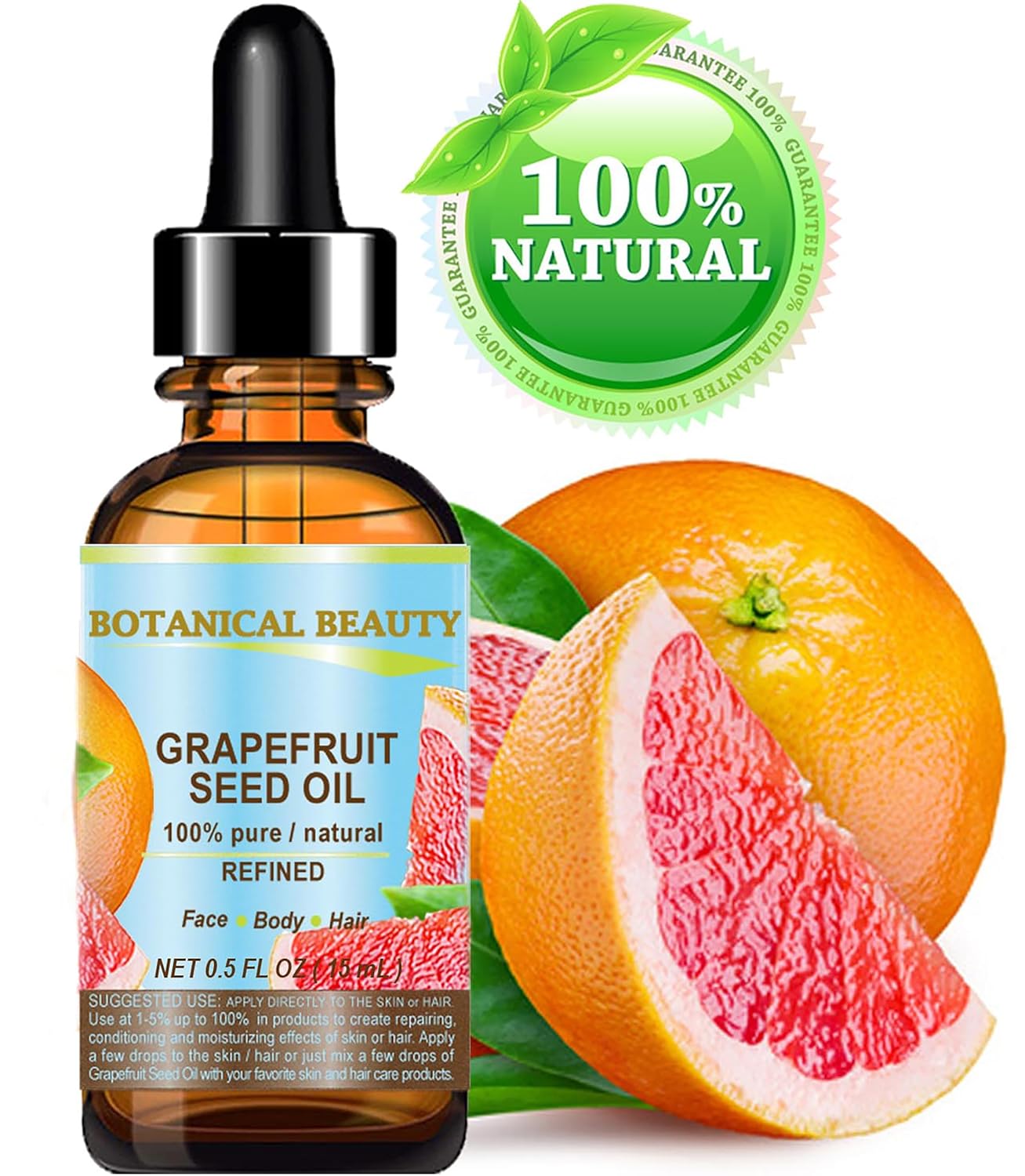 GRAPEFRUIT SEED OIL. 100% Pure / Natural / Undiluted /Refined COLD PRESSED CARRIER OIL (Not Essential Oil). 0.5 Fl.oz.- 15 ml. For Skin, Hair and Lip Care. "One of the richest natural sources of