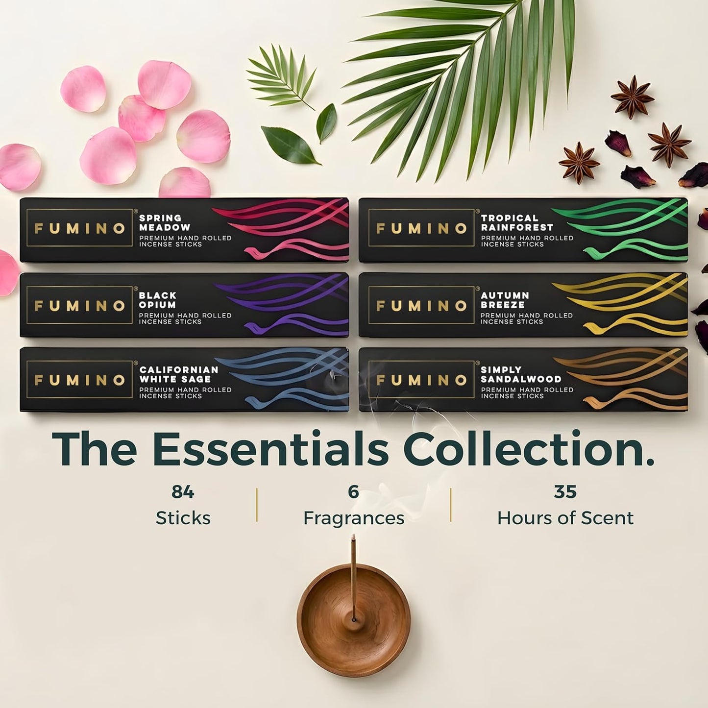 Fumino Incense Sticks 84 Pack 6 Fragrances - Handmade Masala Agarbatti Joss Sticks, Natural Low-Smoke Incense for Relaxation, Meditation & Home Fragrance, Woody Citrus Floral & Herbal Scents Gift Set