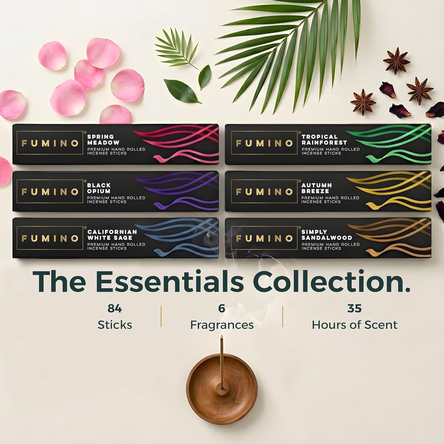 Fumino Incense Sticks 84 Pack 6 Fragrances - Handmade Masala Agarbatti Joss Sticks, Natural Low-Smoke Incense for Relaxation, Meditation & Home Fragrance, Woody Citrus Floral & Herbal Scents Gift Set