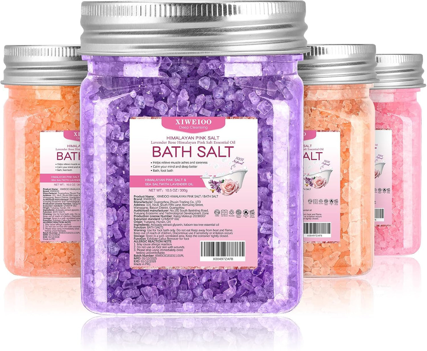 4 Pack Bath Salts Soaking Kit Himalayan Pink Salt Lavender Orange Rose Pink Scent Epsom Salt Bubble Bath Women Christmas Gift Dead Sea Salt Moisturizing Skin
