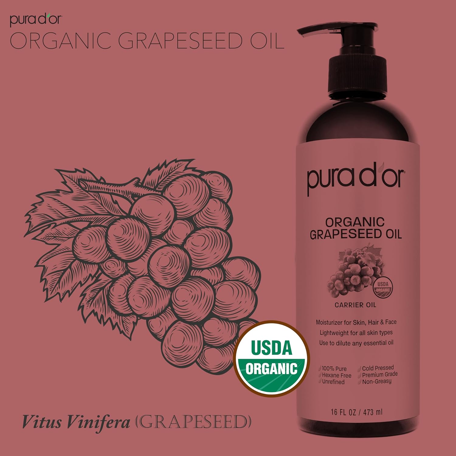PURA D'OR ORGANIC Grapeseed Oil (16 Oz) 100% Pure & Natural USDA Certified Cold Pressed Carrier Oil For DIY Beauty - Unscented, Hexane Free Liquid Moisturizer - Face Skin & Hair