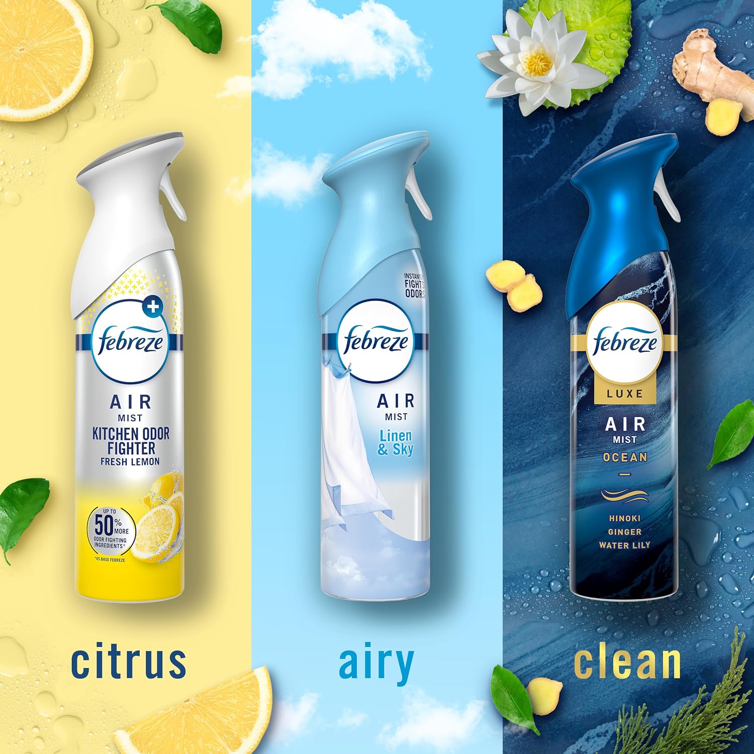 Febreze Air Mist, Air Freshener Spray, Odor Fighting Room Spray, Deodorizer for Home Bathroom Kitchen Office Apartment Dorm Room Classroom, Kitchen Base Mix, 8.1oz, 3ct