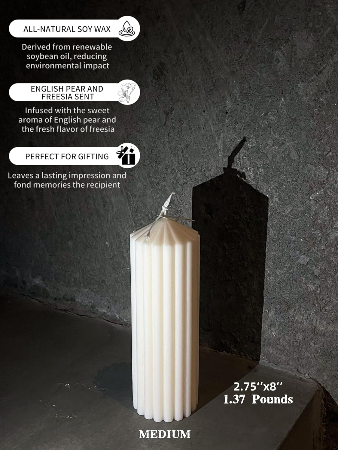 Ribbed Peak Pillar Candle- Large Handmade Scented Soy Wax Candle with Elegant Bubble Aesthetic， Housewarming Gift, Shelf & Coffee Table Centerpiece, White (Medium)