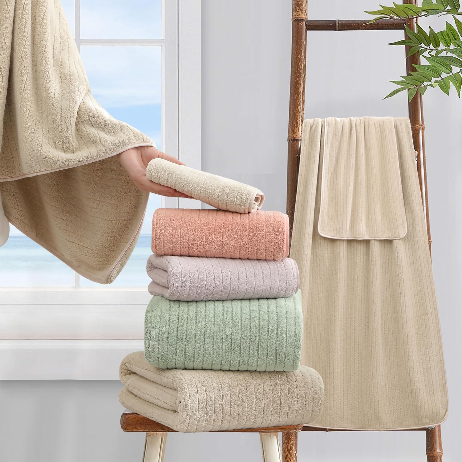 18 Piece Bath Towels Set,Ultra Soft Family Bathroom Towel Set with Hanging Loops-6 Bath Towels,6 Hand Towels,6 Washcloths,Highly Absorbent Quick Dry Shower Towel for Bathroom,Hotel,Spa-Beige Towel Set