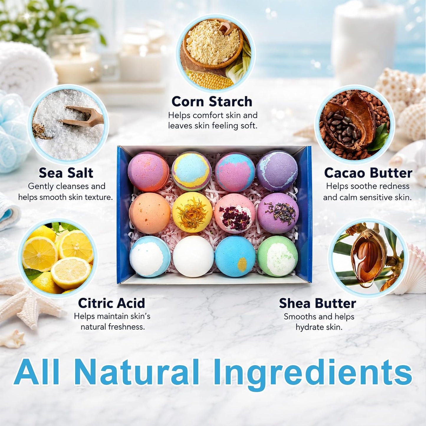 Ocean Theme Bath Bomb Set with Hidden Sea Creature Charms, 12 Colorful Fizzy Bath Bombs for Relaxing Bath Time, Self Care Gifts and Everyday Soaking Experience