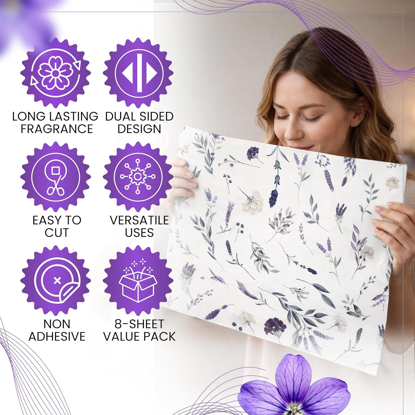 8X Lavender Scented Drawer Liners for Dresser - Scented Drawer Liner is Ideal for Cabinet, Dresser, Shelf, Cupboards - Double-Sided Pattern Non Adhesive Contact Paper for Shelves is Ideal Winter Gift