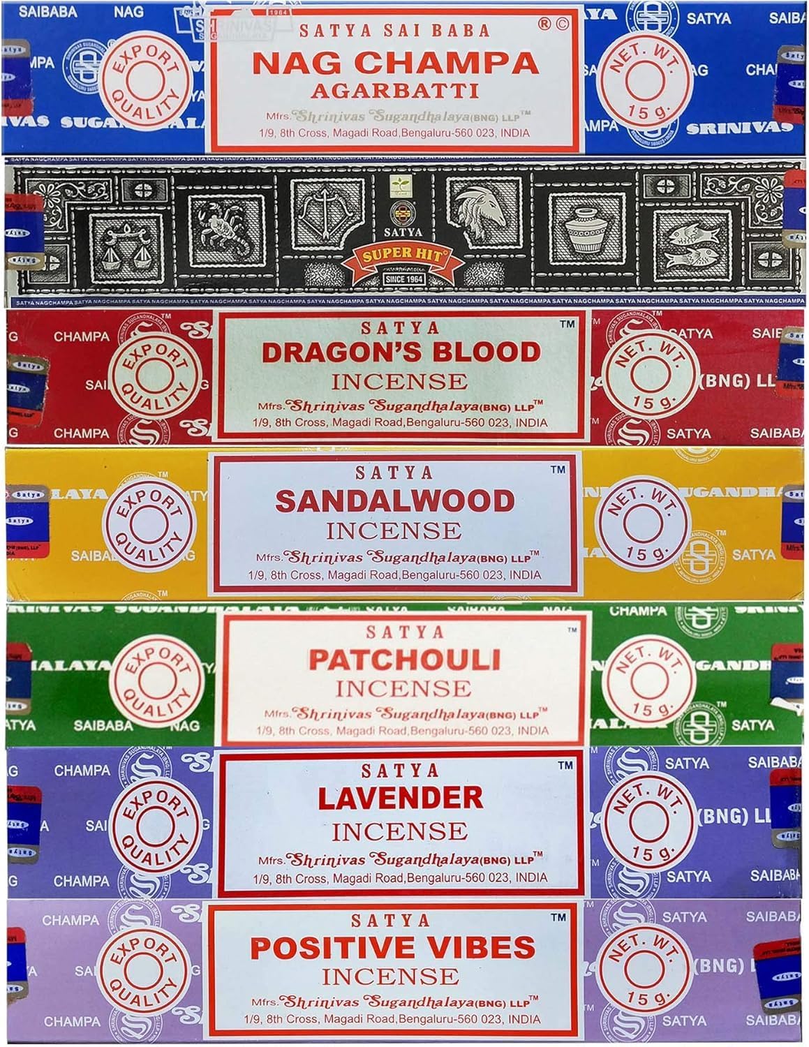 Satya Incense Gift Set Nag Champa, Super hit, Dragon's Blood, Sandalwood, Patchouli, Lavender, Positive Vibes 15gms x 7 Packs | for Meditation, Yoga, Healing, Aromatherapy, Relxation, Spirituality |
