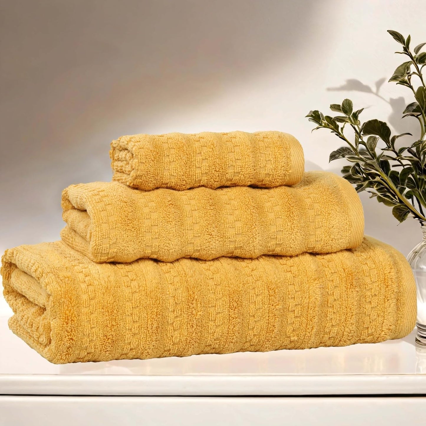 Superior Zuma Zero Twist Cotton Medium Weight Towels, for Guest Bath, Bathroom, Shower, Spa, Plush Towels, Bath Essentials, Waffle Textured Stripes, 3 Piece Assorted Towel Set, Gold