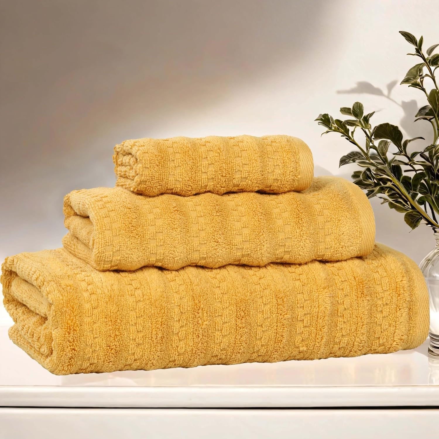 Superior Zuma Zero Twist Cotton Medium Weight Towels, for Guest Bath, Bathroom, Shower, Spa, Plush Towels, Bath Essentials, Waffle Textured Stripes, 3 Piece Assorted Towel Set, Gold