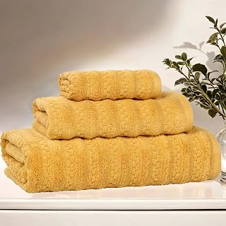 Superior Zuma Zero Twist Cotton Medium Weight Towels, for Guest Bath, Bathroom, Shower, Spa, Plush Towels, Bath Essentials, Waffle Textured Stripes, 3 Piece Assorted Towel Set, Gold