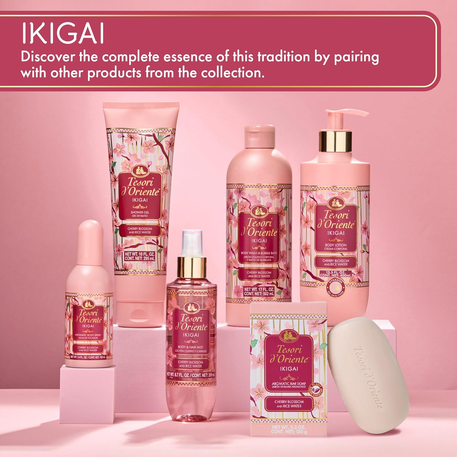 Tesori d’Oriente Ikigai Body Wash & Bubble Bath, 17.5 fl oz, Cherry Blossom Scented, Gentle Hydrating Shower Gel with Rice Water & Vitamin-E, No Silicones, Parabens & Mineral Oil