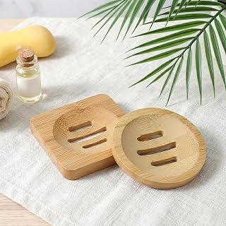 2 Pcs Shower Steamer Holder, Bamboo Soap Dish, Bamboo Soap Holder Wooden Soap Dishes for Shower, Bar Soap Holder with Self Draining Tray for Kitchen Bathroom Accessories(Round and Square)