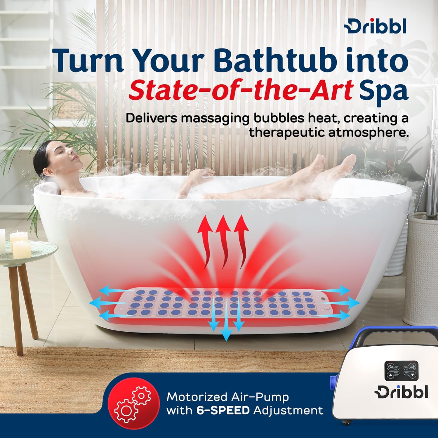 Dribbl Electric Bubble Massage Bathtub Mat – Non-Slip Full-Body Waterproof Hot Tub Spa Mat for Bath with Heater, Motorized Air Pump, and Remote Control, 6-Speed Adjustable Massage, Blue