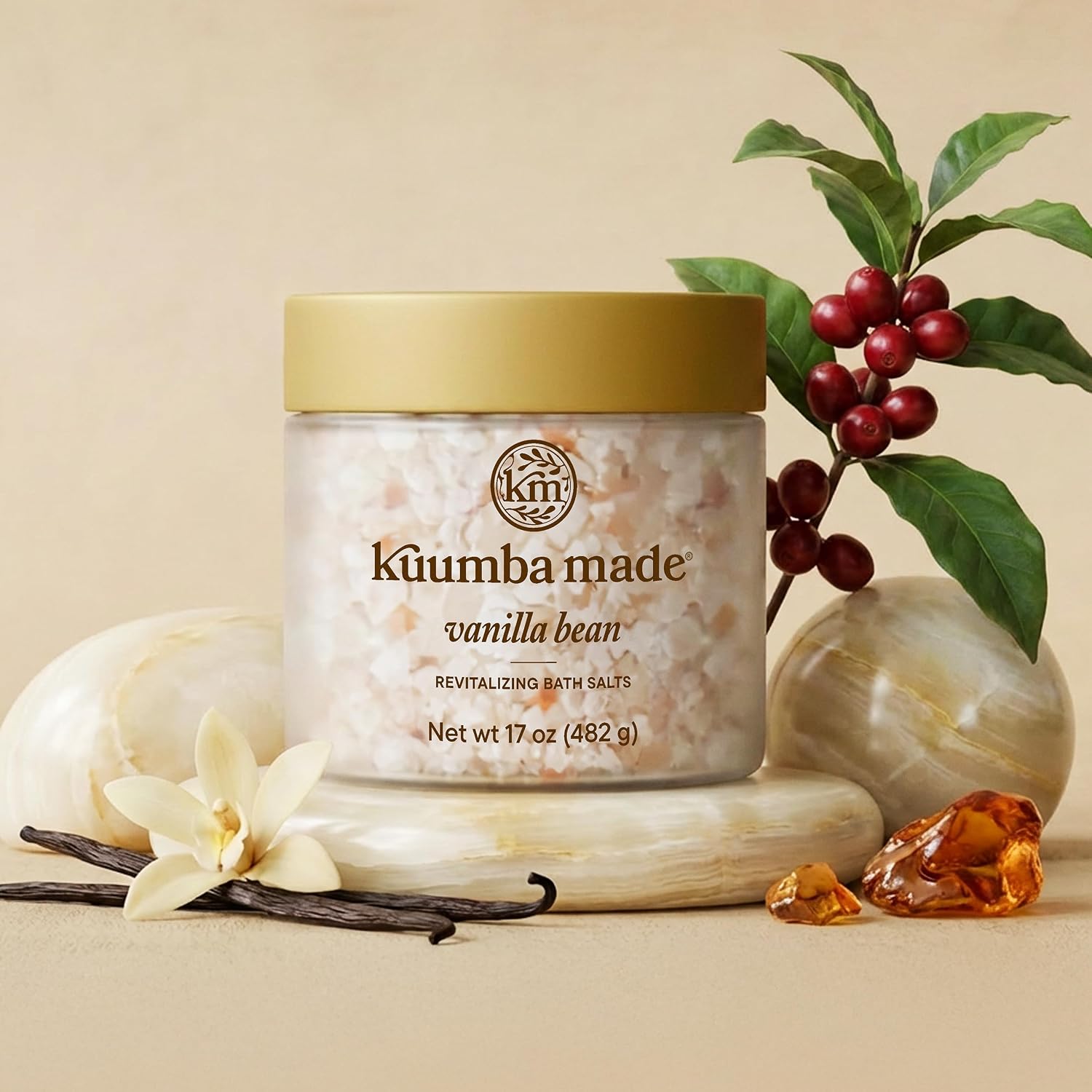 Kuumba Made Vanilla Bean Bath Salt, Mineral-Rich Soaking Salts for Soft Skin and Relaxation, 17 Oz