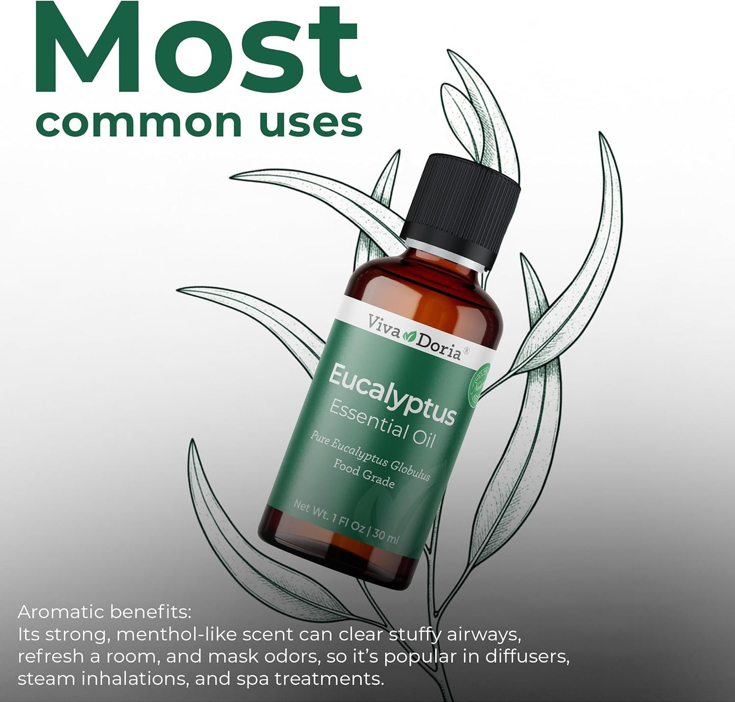 Viva Doria Eucalyptus Essential Oil, 100% Pure, Natural, Essential Globulus Oil, Undiluted, for Aromatherapy | Food Grade, 30 mL (1 Fluid Ounce)