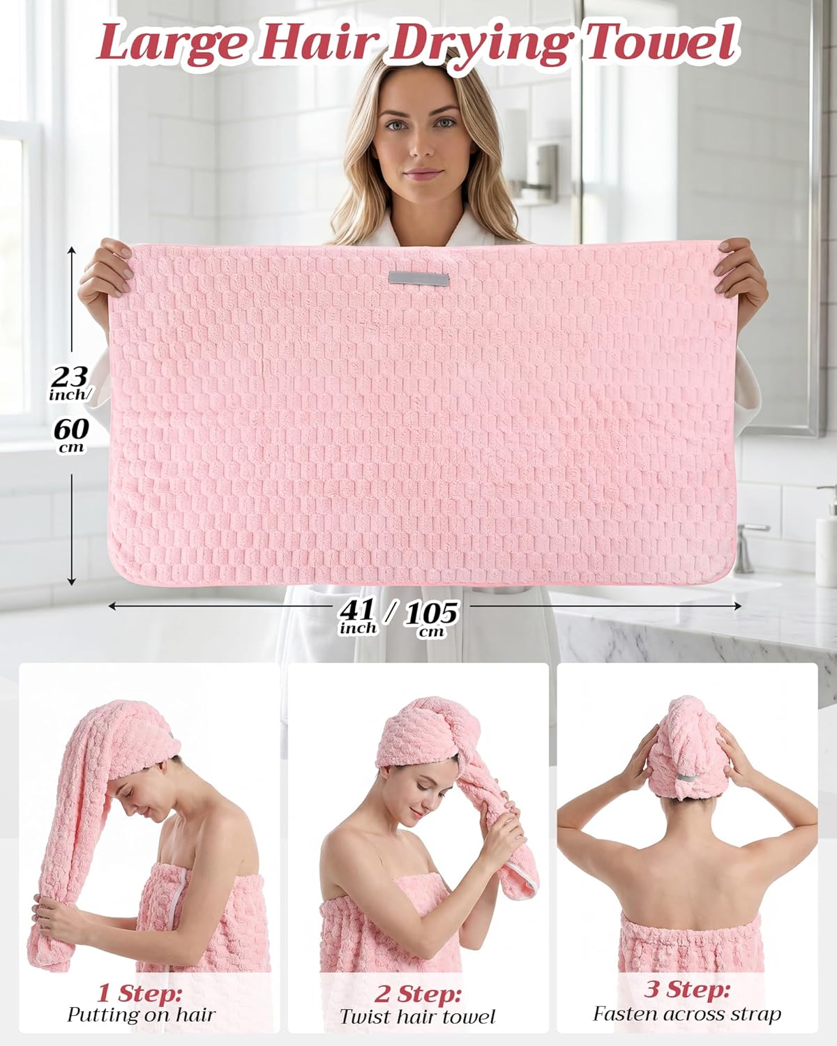 Gilprop Women's Towel Wrap with Large Hair Towel, Adjustable Button Closure Spa Shower Robe, Quick Dry Absorbent Microfiber Bathrobe, Pink Body and Hair Wraps Set for Home Hotel Pool Travel Beach