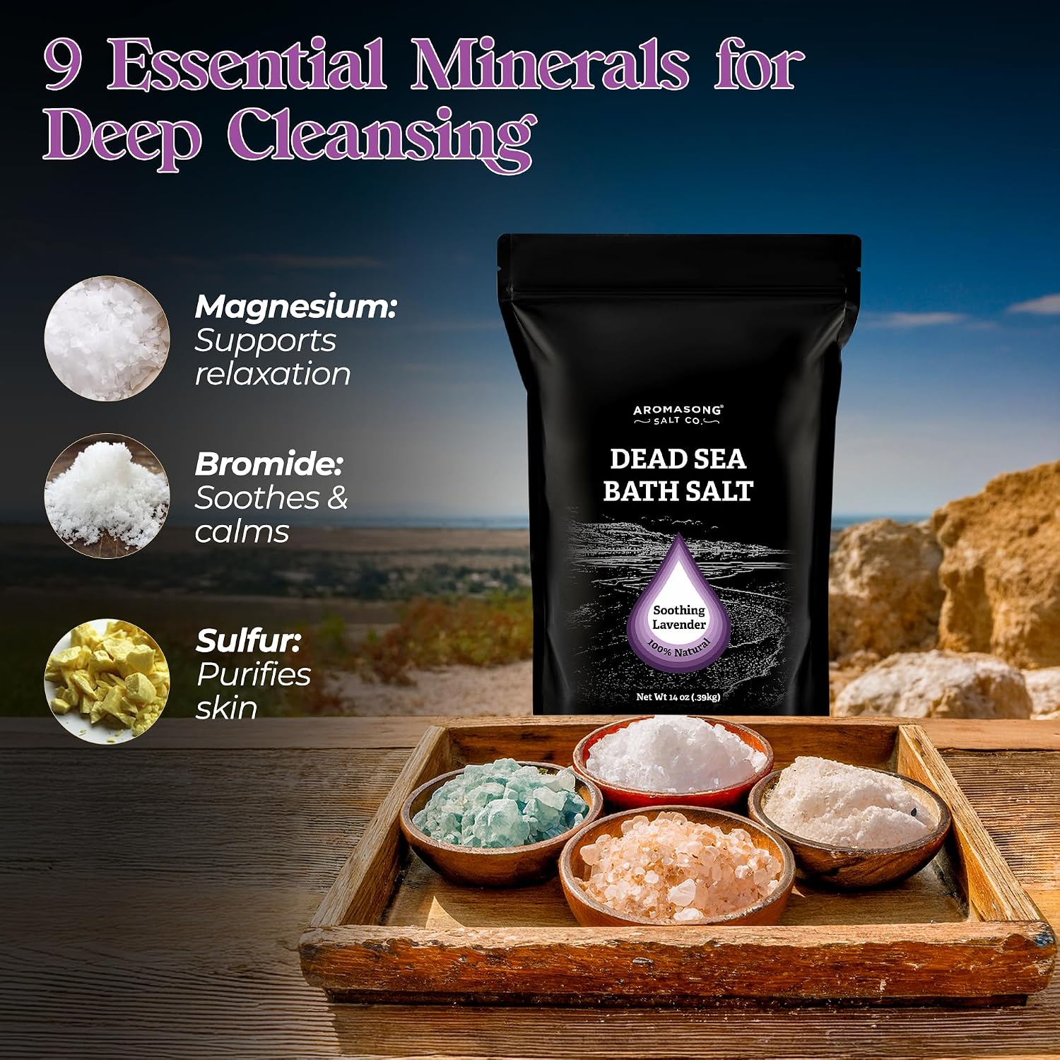 Aromasong Pure Dead Sea Salt for Soaking with 100% Natural Lavender, 14 Oz. - Spa Bath Salt Fine Grain - Body Wash Scrub - Soak for Women & Men- Resealable Pack