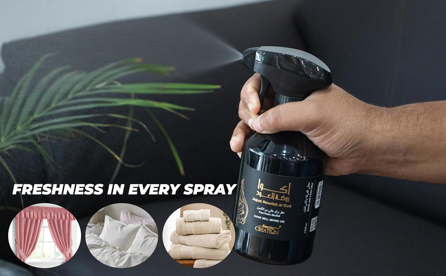 Aqua Rawdat Al Oud Room & Linen Mist – Long-Lasting Alcohol-Free Air Freshener for Home, Upholstery, Carpets, Bed Linen & Clothes – 17 fl oz / 500ml