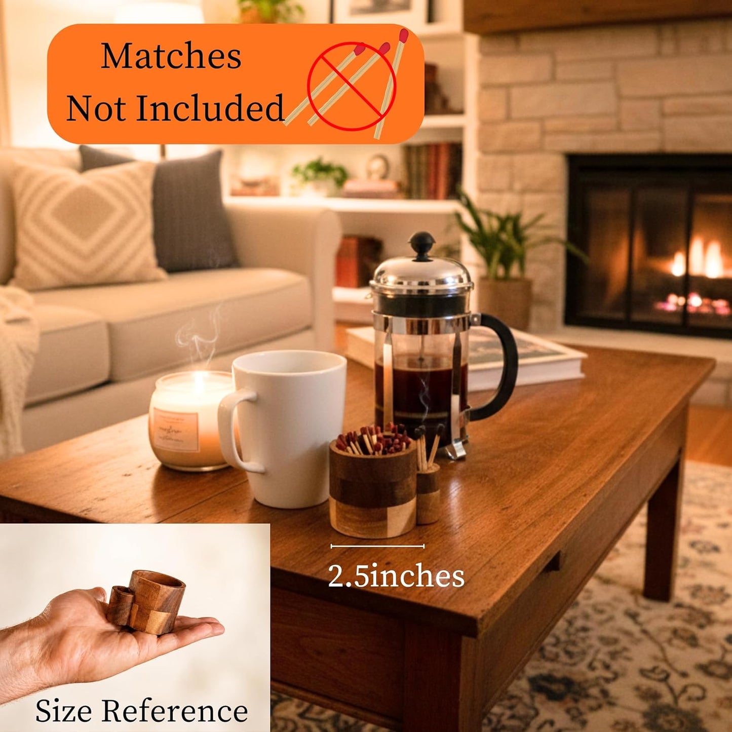 The Easy Strike Acacia Wood Match Holder with Striker & Extra Striker Pad - 3.25" x 2" Decorative Matchstick Organizer for Fireplace, Candles, Home Decor Gift, Matches Not Included (1 Pcs)
