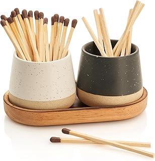 KIBAGA Decorative Ceramic Match Holder With Wooden Tray - Set of 2 Beautiful Matte Holders with Striker Are an Upgrade To Any Home Decor - Enhance Your Living Room With Cute Jars - Matches Not Incl.