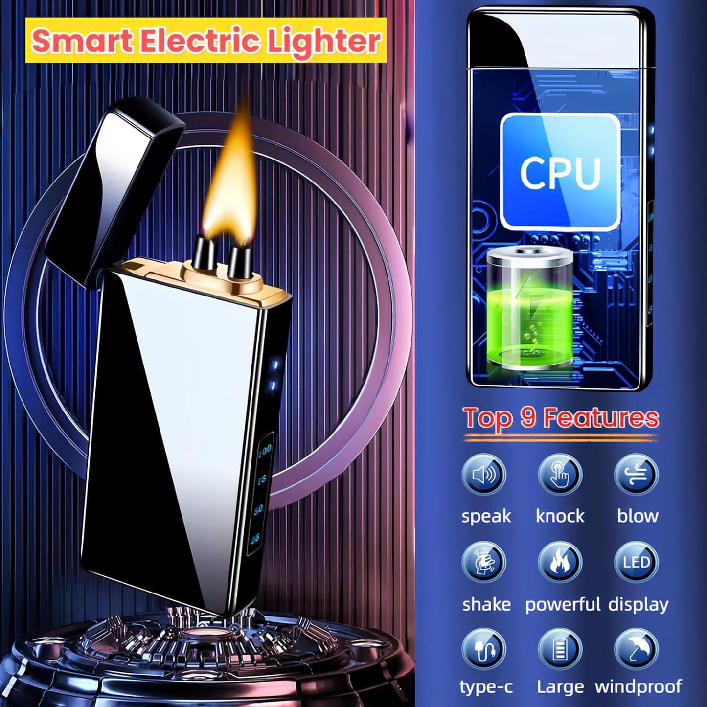Smart Electric Lighter with 4 Ignition Modes, High Power Pulse Plasma Arc Lighter, Windproof Electronic Lighters, Rechargeable USB Lighters with Safety Lock (Silver Ice)