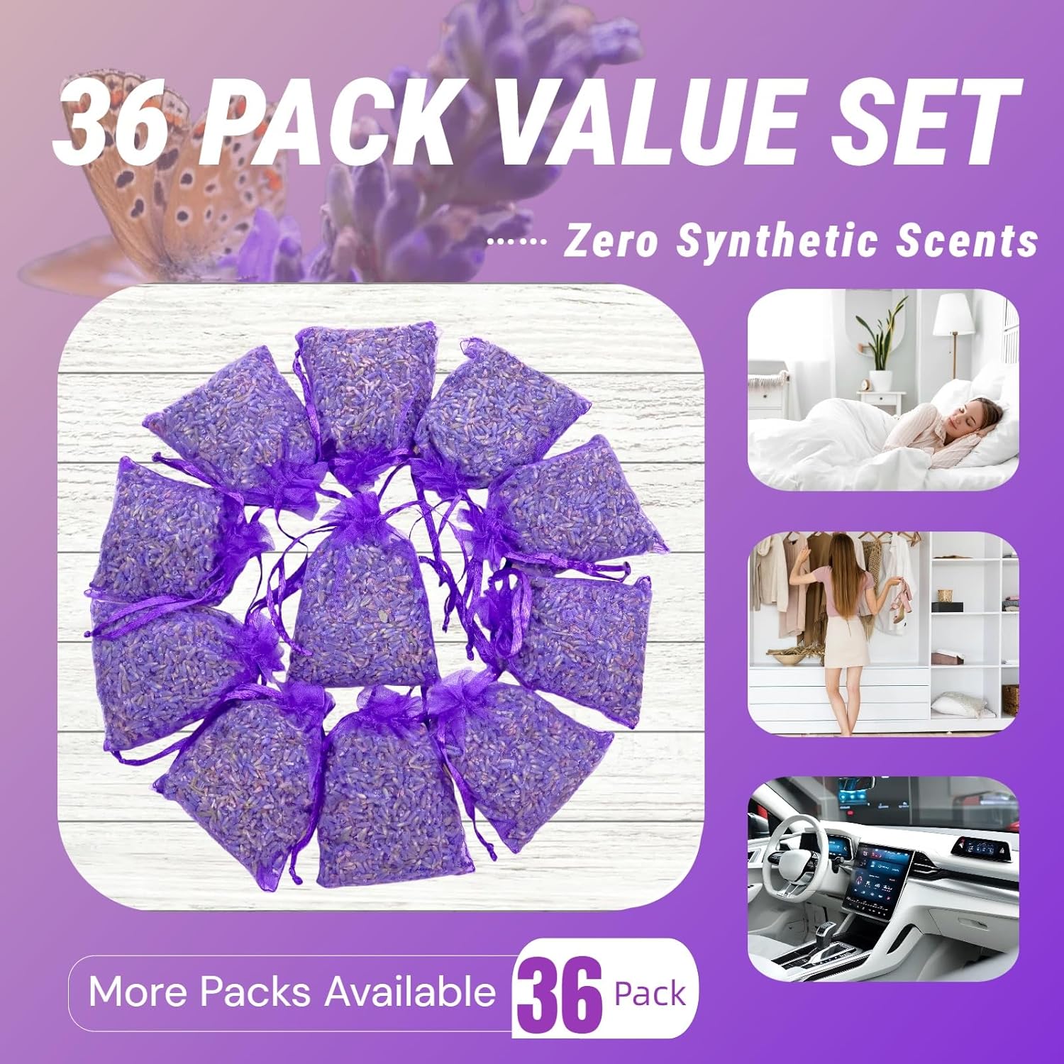 36 Pack Lavender Sachet Bags - 100% Natural Dried Lavender Buds for Closets Drawers Car & Home | French Potpourri Fragrance Sachets Rich Aroma Air Long Lasting Fresh Scents