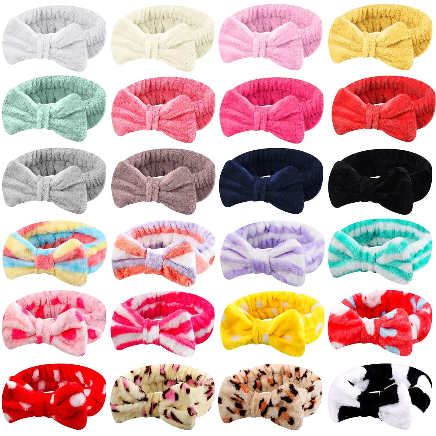 WILLBOND 24 Pieces Spa Headband Bulk Skincare Headbands Face Wash Makeup Hairband Bow Facial Washing Face Head Wraps Adjustable Soft Flannel Towel for Women Shower (Stylish)