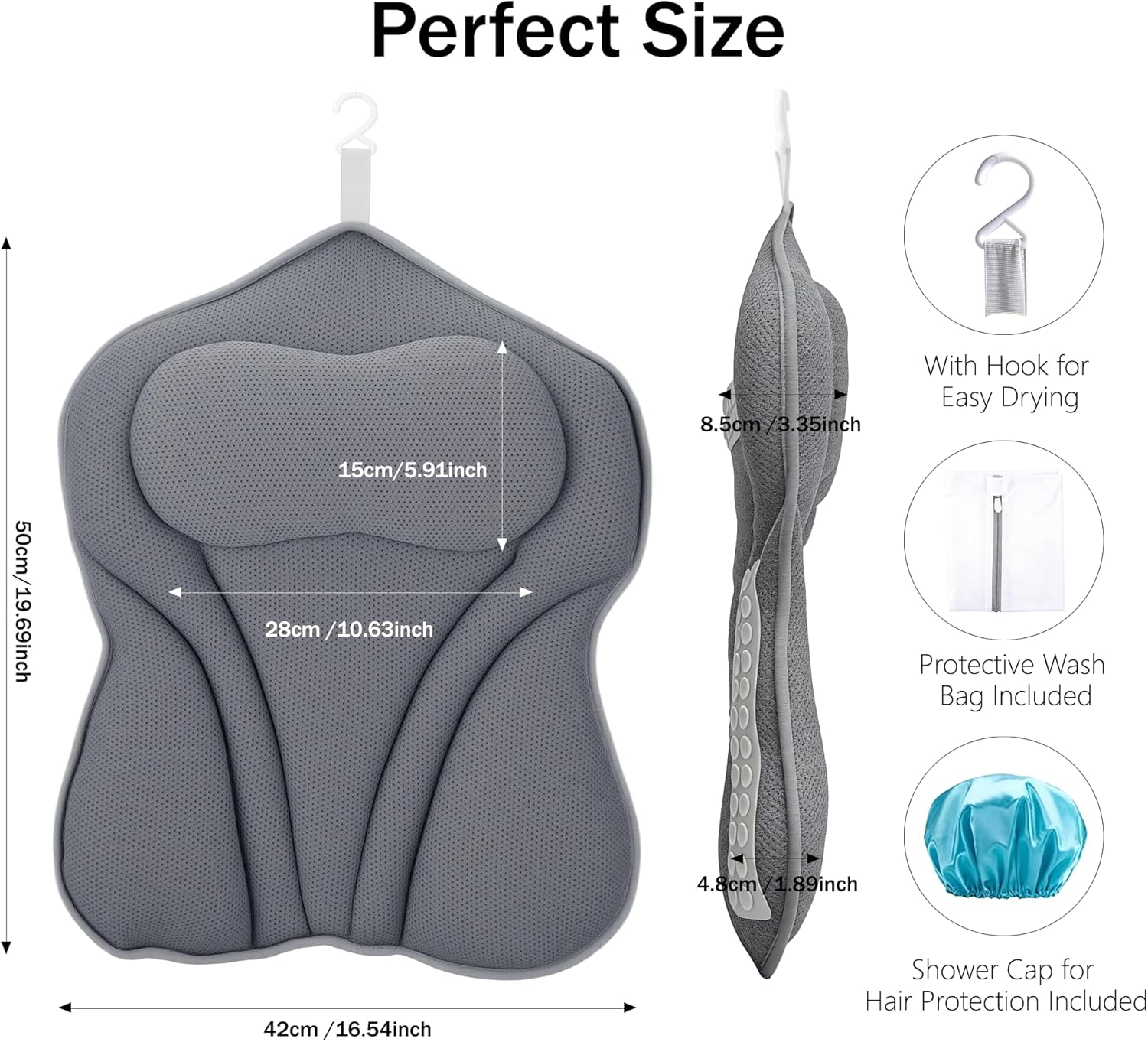 Bath Pillow PYRRHIC - Bathtub Pillow 5D Mesh with Neck & Back Support Non-Slip Suction Cups Fast Drying Soft Spa Pillow Relaxing Bath Accessories with Hook Laundry Bag Grey