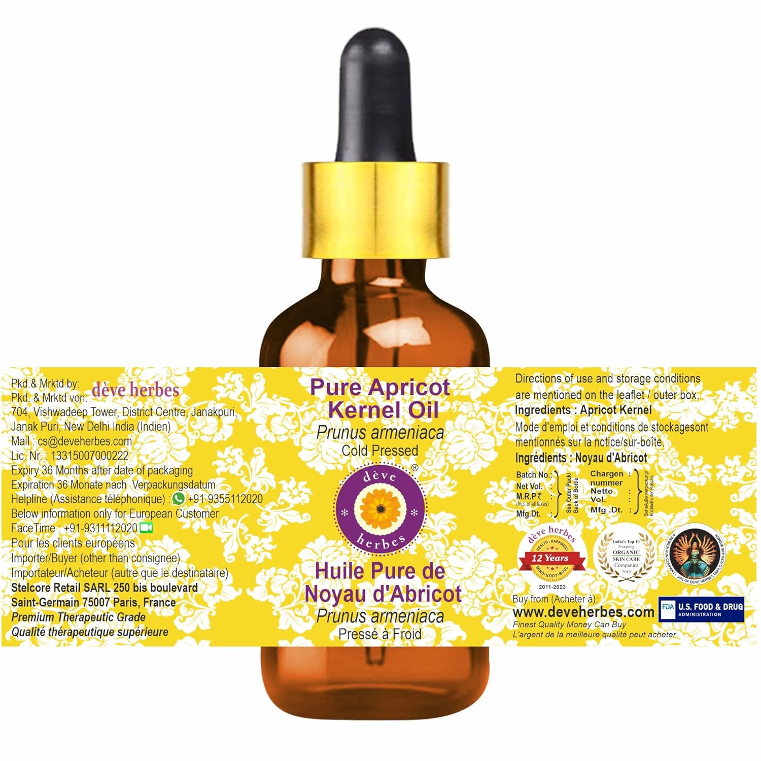 dève herbes Apricot Kernel Oil (Prunus armeniaca) with Glass Dropper | Cold Pressed | Pure | Natural | For Diluting Essential oils | Skin & Massage | Non-Sticky | Lightweight | Unisex | 30ml (1 oz)