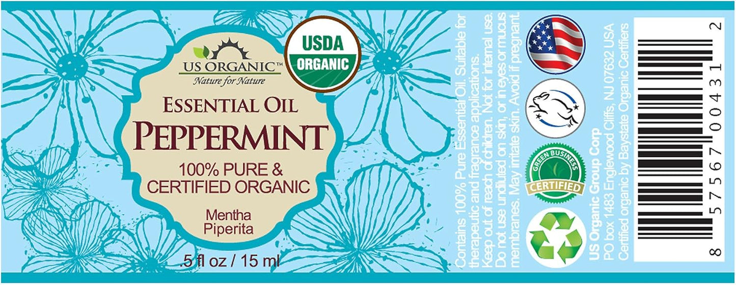 US Organic 100% Pure Peppermint Essential Oil - USDA Certified Organic - 15 ml - w/Improved caps and droppers (More Size Variations Available)