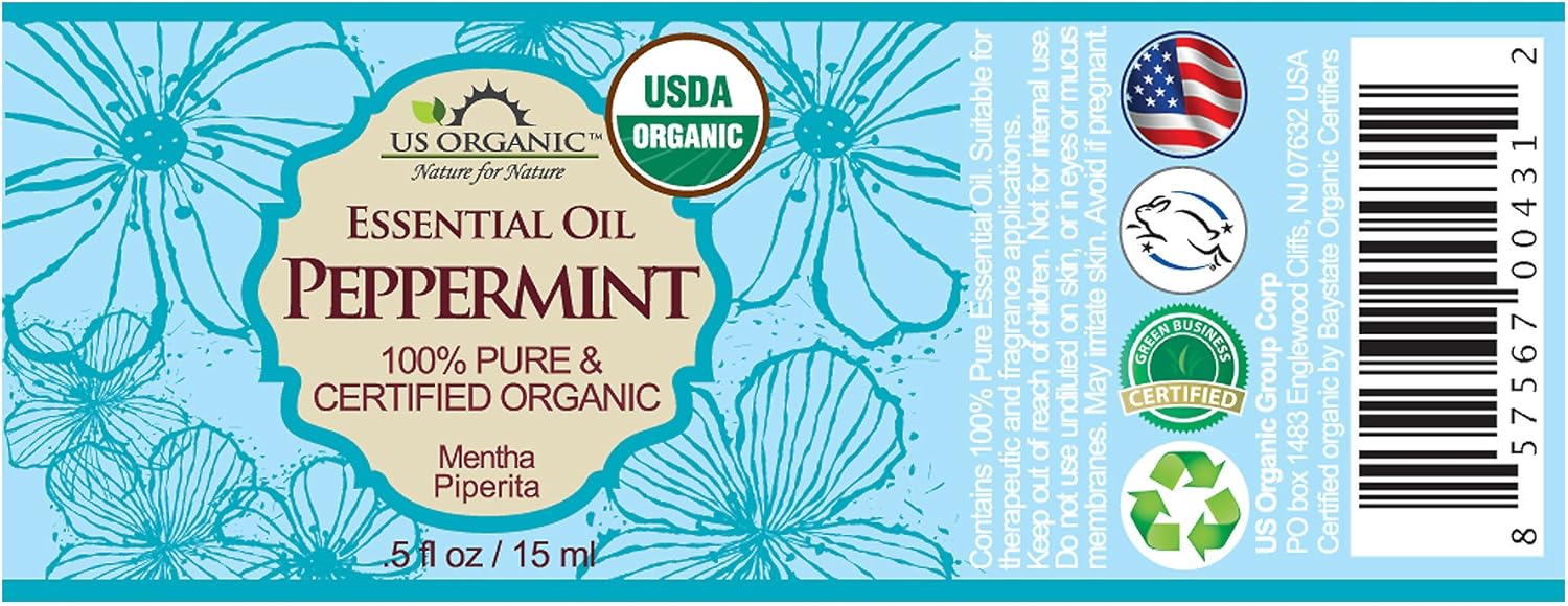 US Organic 100% Pure Peppermint Essential Oil - USDA Certified Organic - 15 ml - w/Improved caps and droppers (More Size Variations Available)