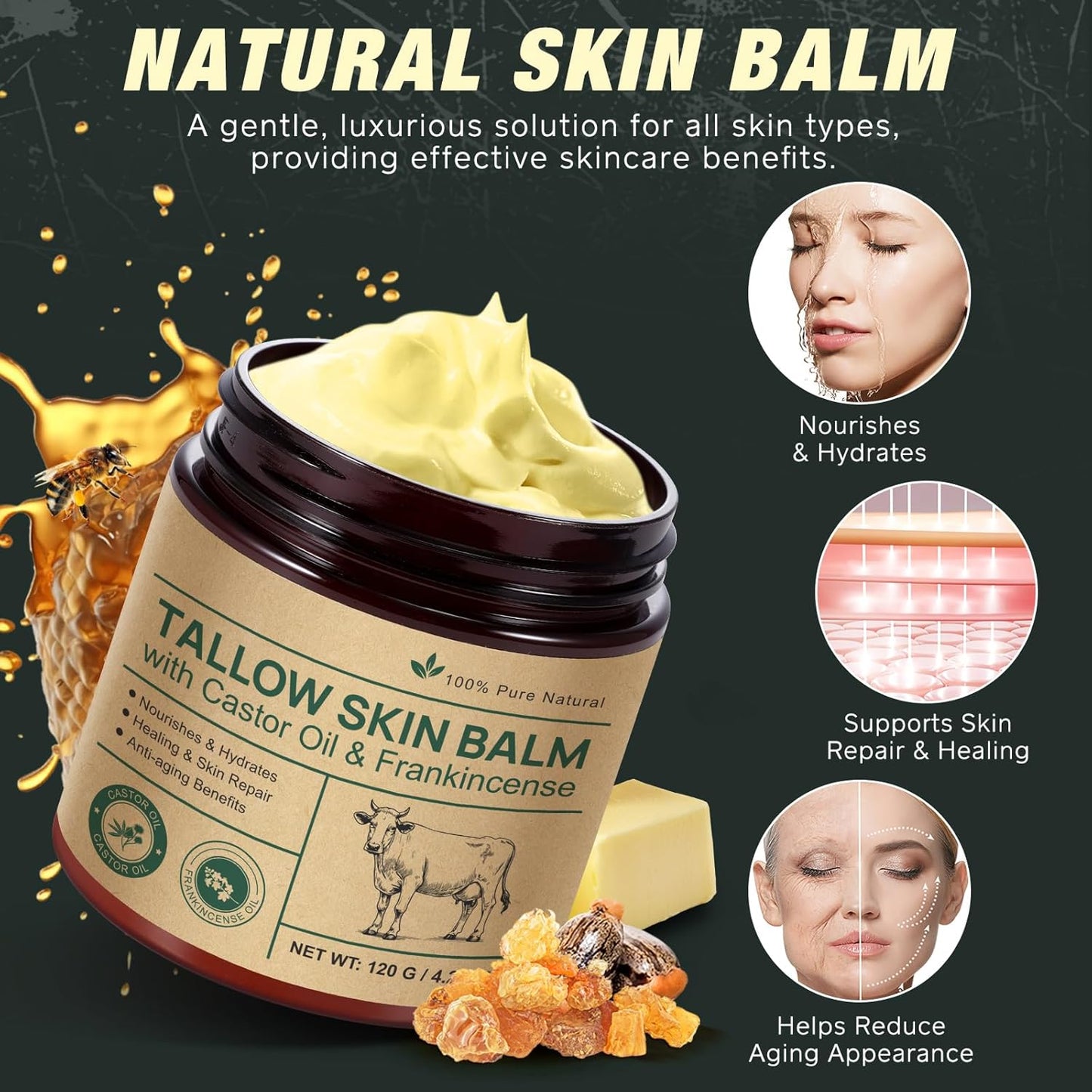 Handmade Tallow, Organic Castor Oil, and Frankincense Oil Face Balm, 100% Grass-Fed Tallow for Skin Care, Face & Body Moisturizer for Sensitive Skin & Dry Skin Age Defying, Natural Lotion