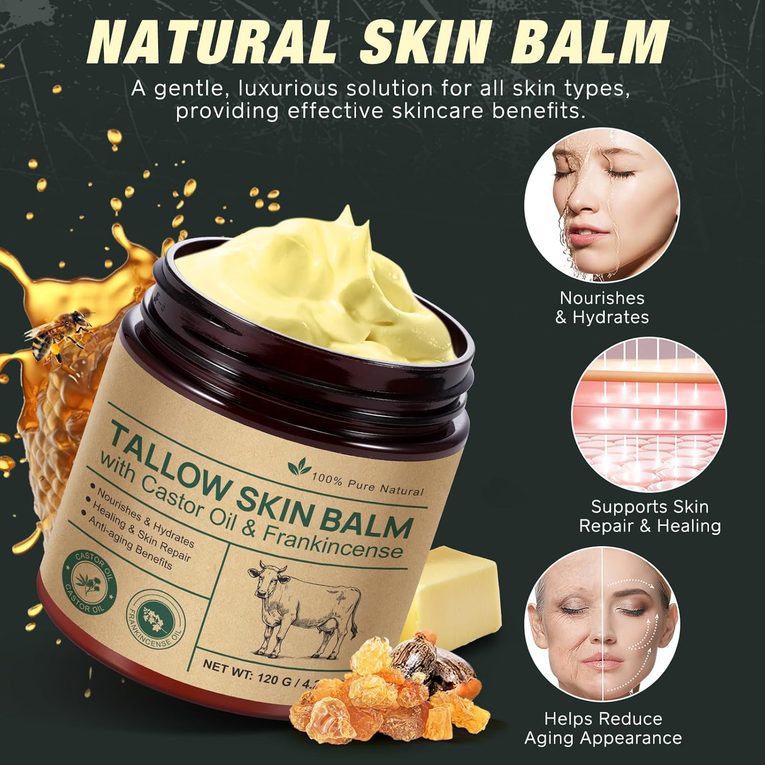 Handmade Tallow, Organic Castor Oil, and Frankincense Oil Face Balm, 100% Grass-Fed Tallow for Skin Care, Face & Body Moisturizer for Sensitive Skin & Dry Skin Age Defying, Natural Lotion