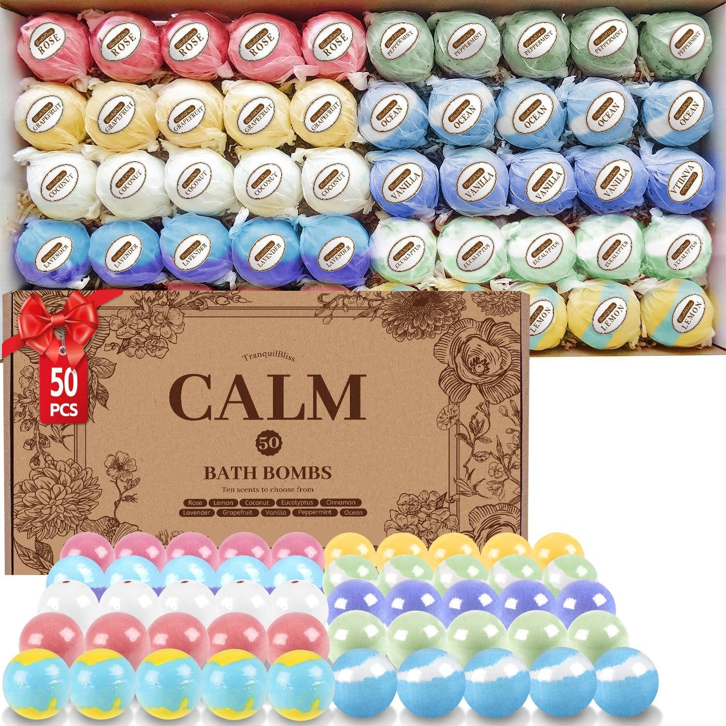 TranquilBliss Bath Bombs Set 50 PCS with 10 Rich Scents, Bath Bombs for Women, Natural Bubble Bombs with Shea Butter & Safe Oil, Ideal for Mother's Day, Birthday, Valentines Present (Brown)