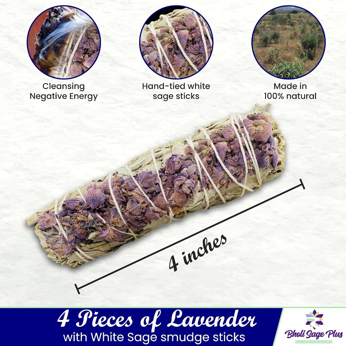Lavender with White Sage - Bholi Sage Plus Sage Incense Sticks for Cleansing Negative Energy, Sage Sticks for House Cleansing - Lavender with White Sage Smudge Sticks Pack of 4