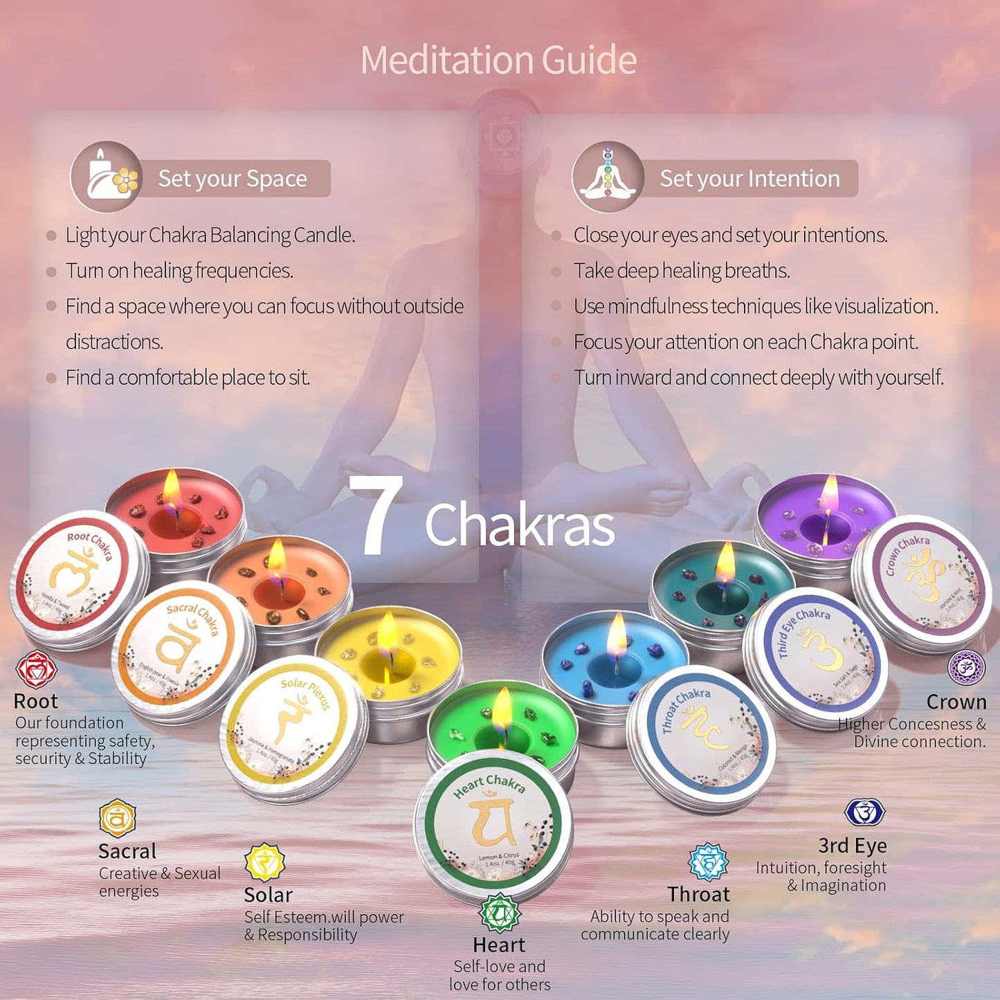 Inspireyes Chakra Candles Set of 7,Meditation Crystal Scented Candles Gift Set for Women, Spiritual Healing Candles for Promotes Positive Energy, Yoga, Cleansing, Manifesting, Relaxation