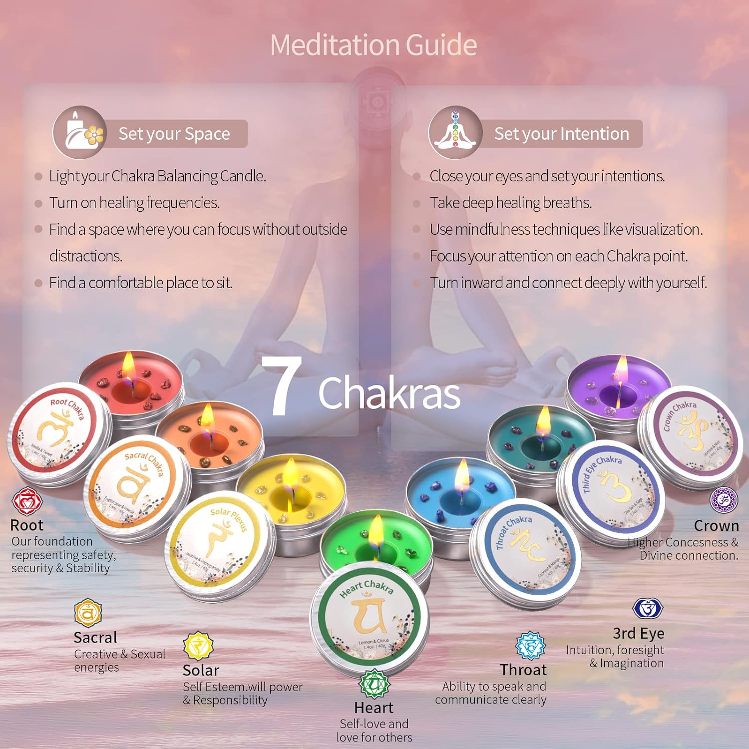 Inspireyes Chakra Candles Set of 7,Meditation Crystal Scented Candles Gift Set for Women, Spiritual Healing Candles for Promotes Positive Energy, Yoga, Cleansing, Manifesting, Relaxation