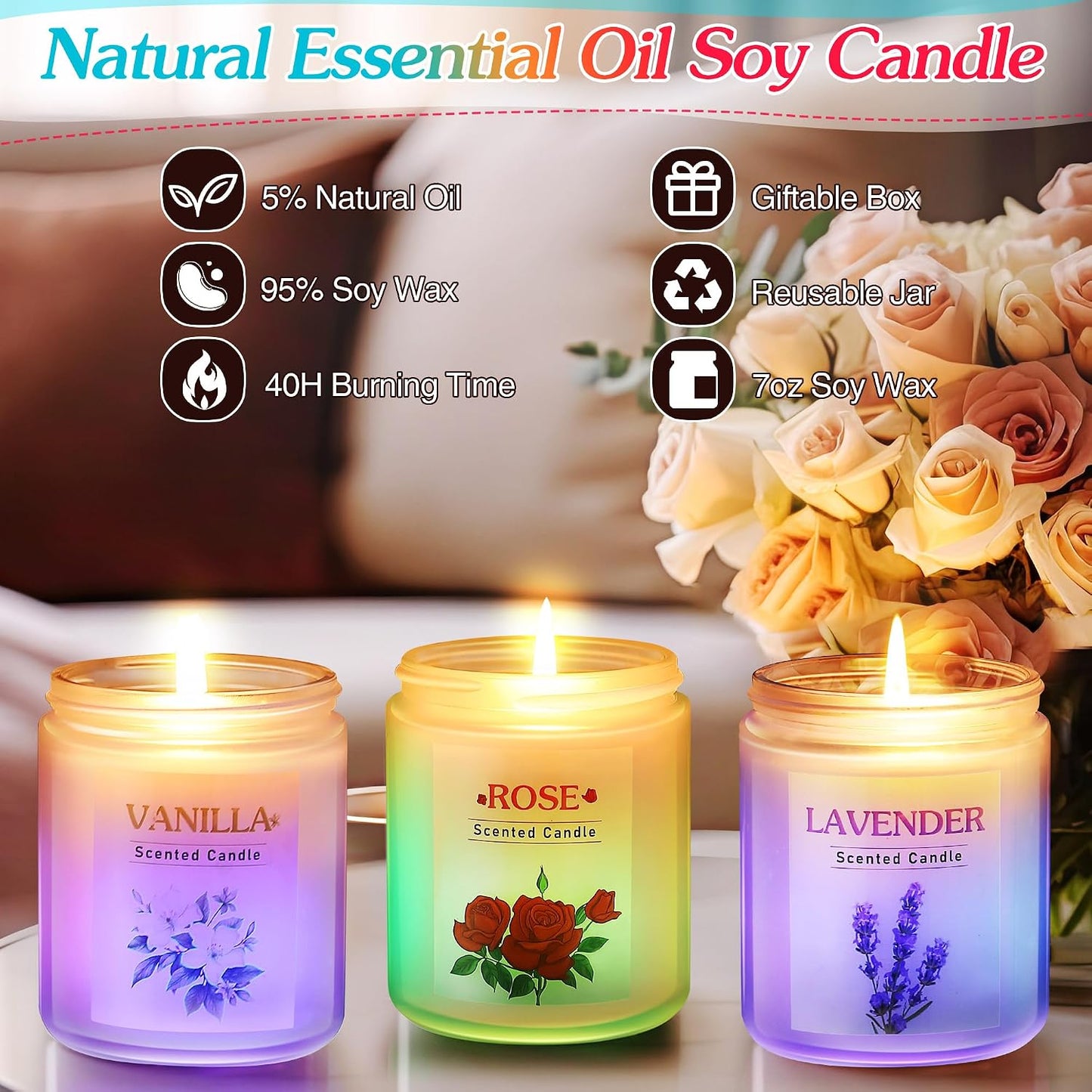 3 Pack Glowing Scented Candles with Sensor Light, 21 Oz Aromatherapy Gifts for Women, Rose Vanilla Lavender Long Lasting Fragrance, Natural Soy Candle for Home Scented