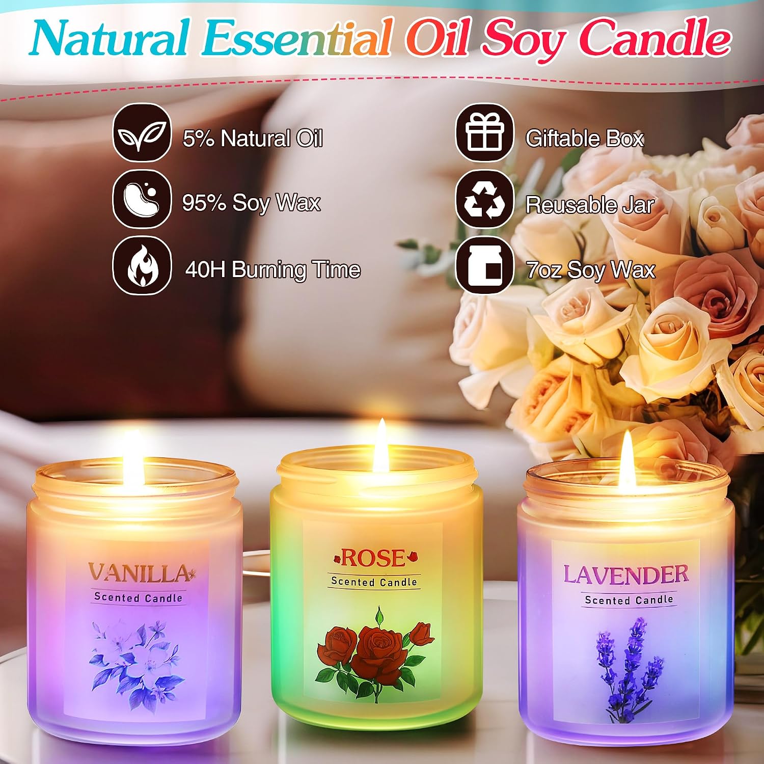 3 Pack Glowing Scented Candles with Sensor Light, 21 Oz Aromatherapy Gifts for Women, Rose Vanilla Lavender Long Lasting Fragrance, Natural Soy Candle for Home Scented